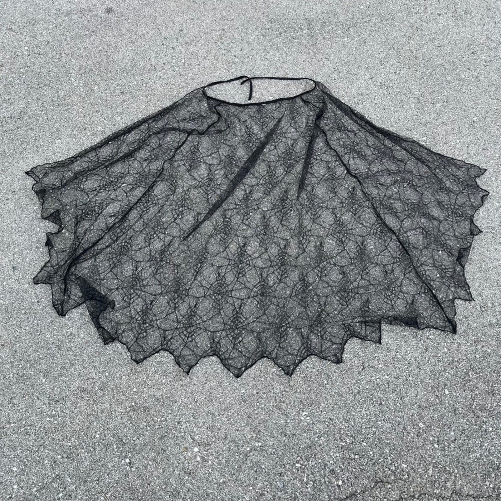 Black Spiderweb Lace Capelet Sheer Mesh Gothic Halloween Costume Wrap Tie Neck